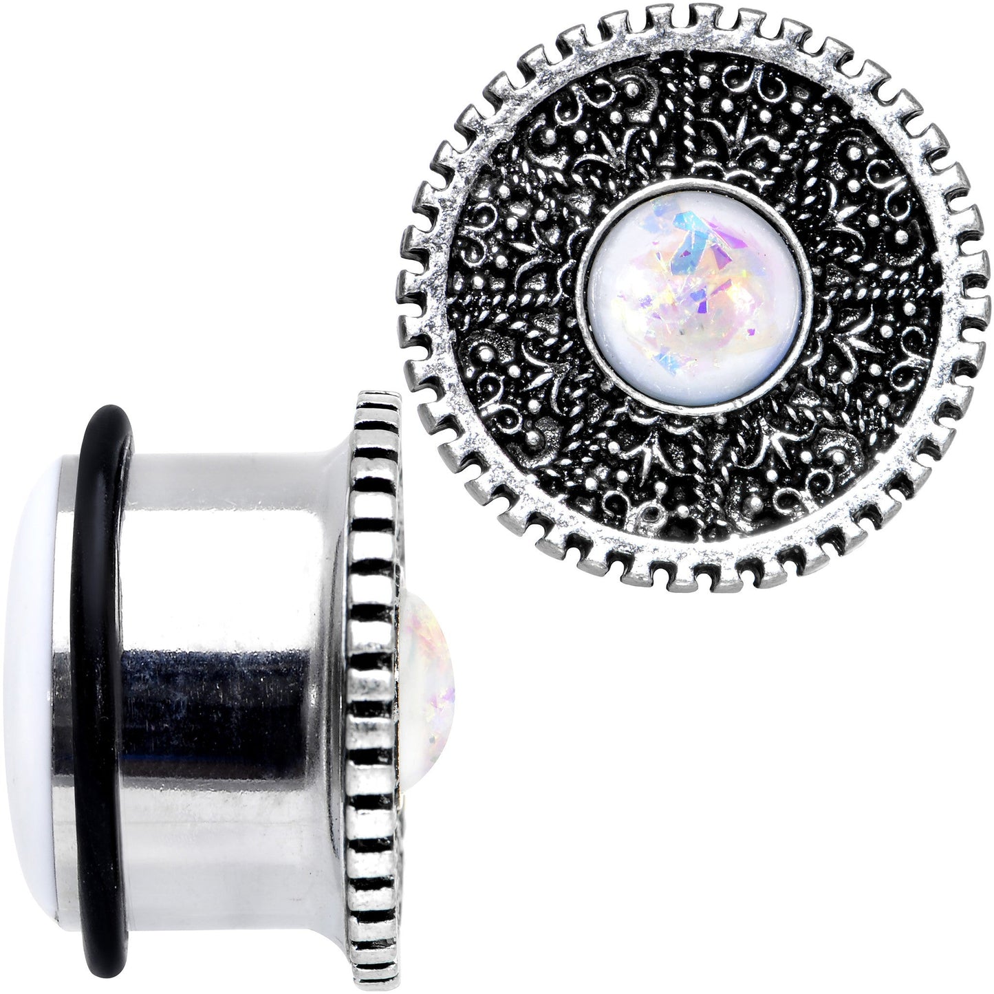 3/4 Stainless Steel Sky Wheel White Synthetic Opal Plug Set