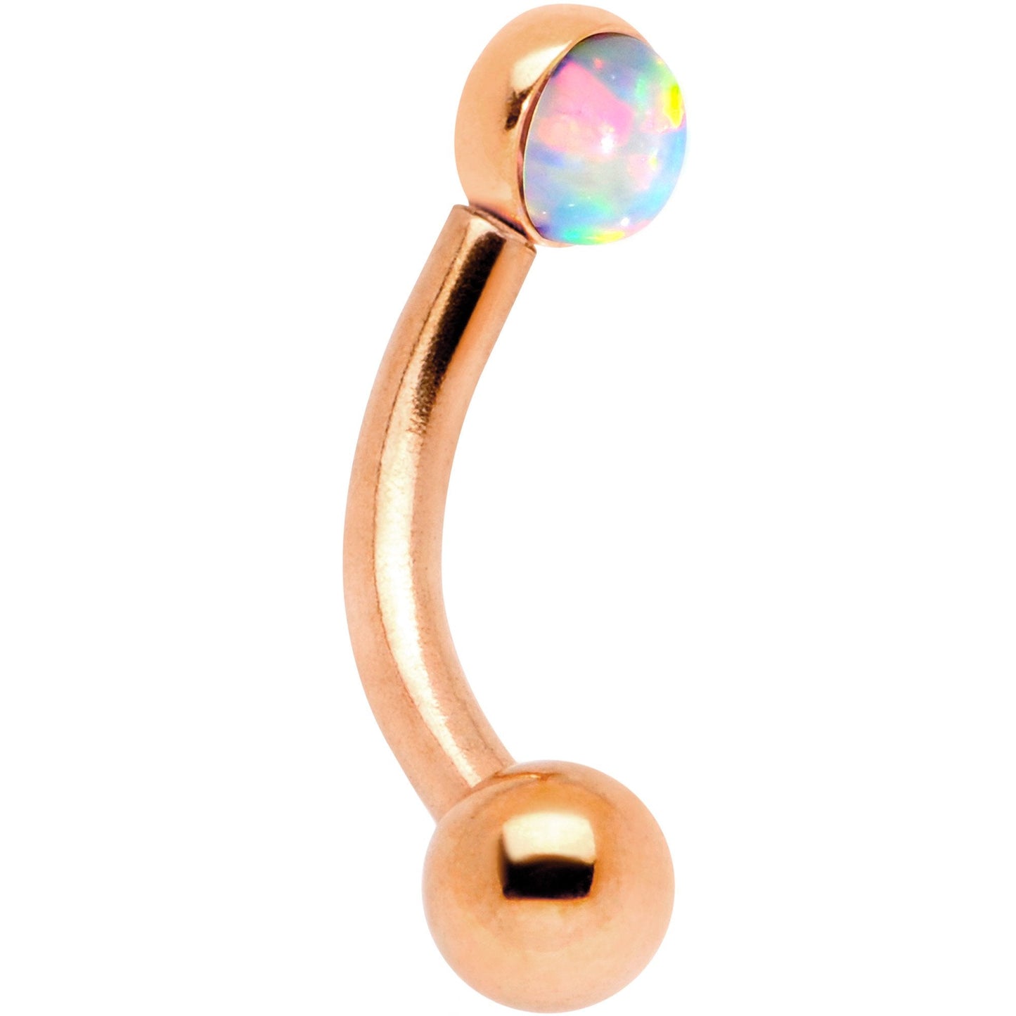 16G 1/4 White Synthetic Opal Flat Set Rose Gold IP Curved Eyebrow Rook Piercing