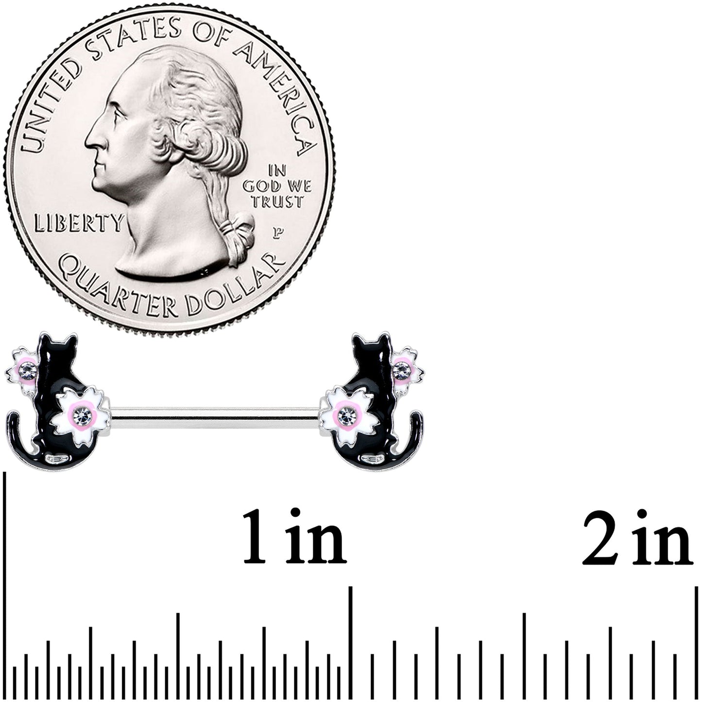 14G 9/16 Clear Gem Flowers Black Cat Barbell Nipple Ring Set