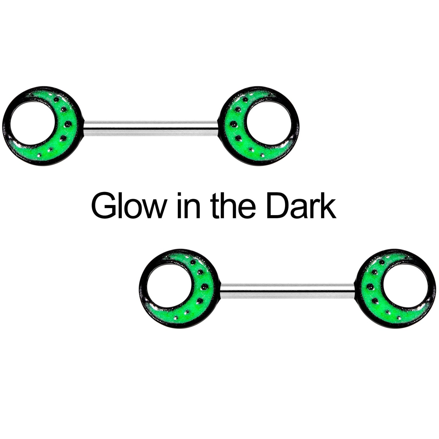 14G 9/16 Glow in the Dark Green Moon Barbell Nipple Ring Set