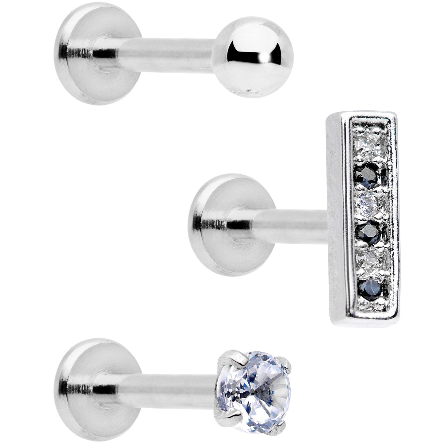 16G 5/16 Clear Black CZ Bar Internally Threaded Labret Set of 3