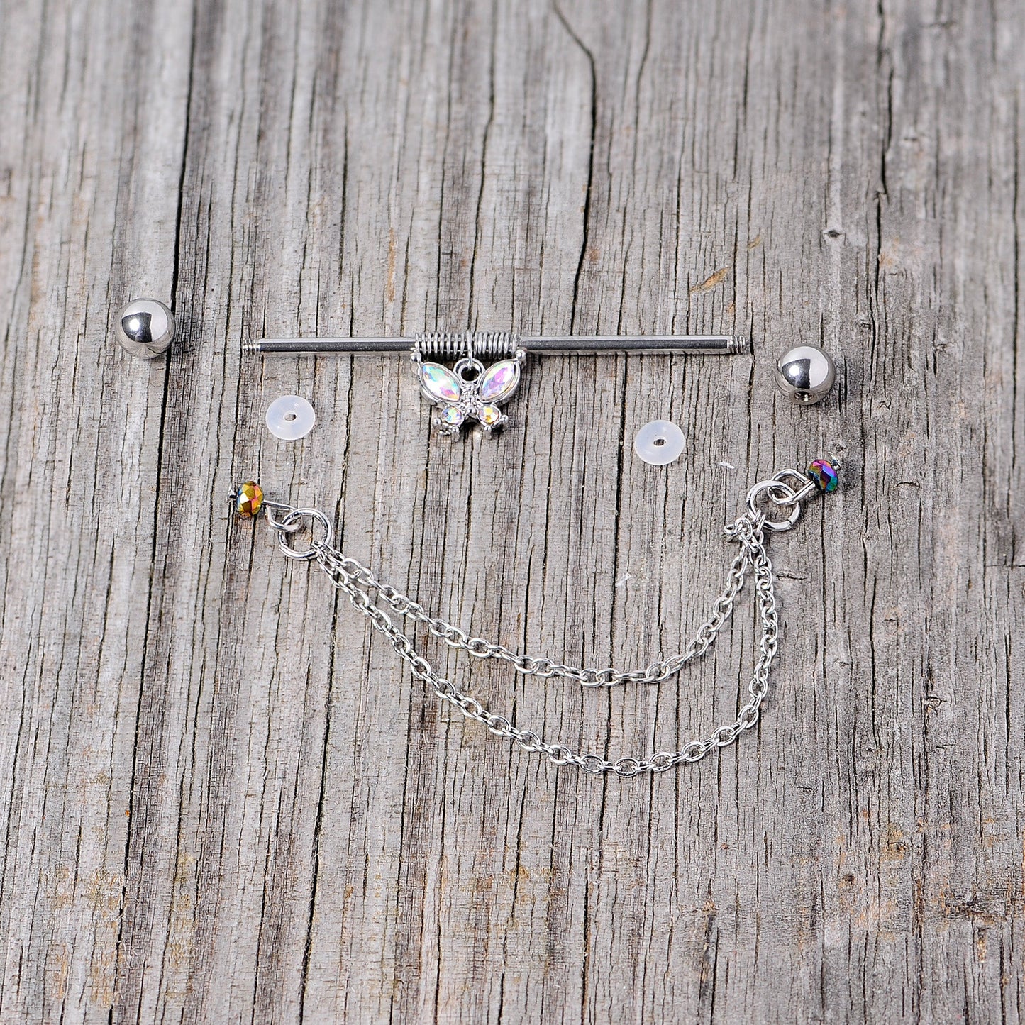 14G Aurora Gem Butterfly Chain Dangle Project Bar 38mm