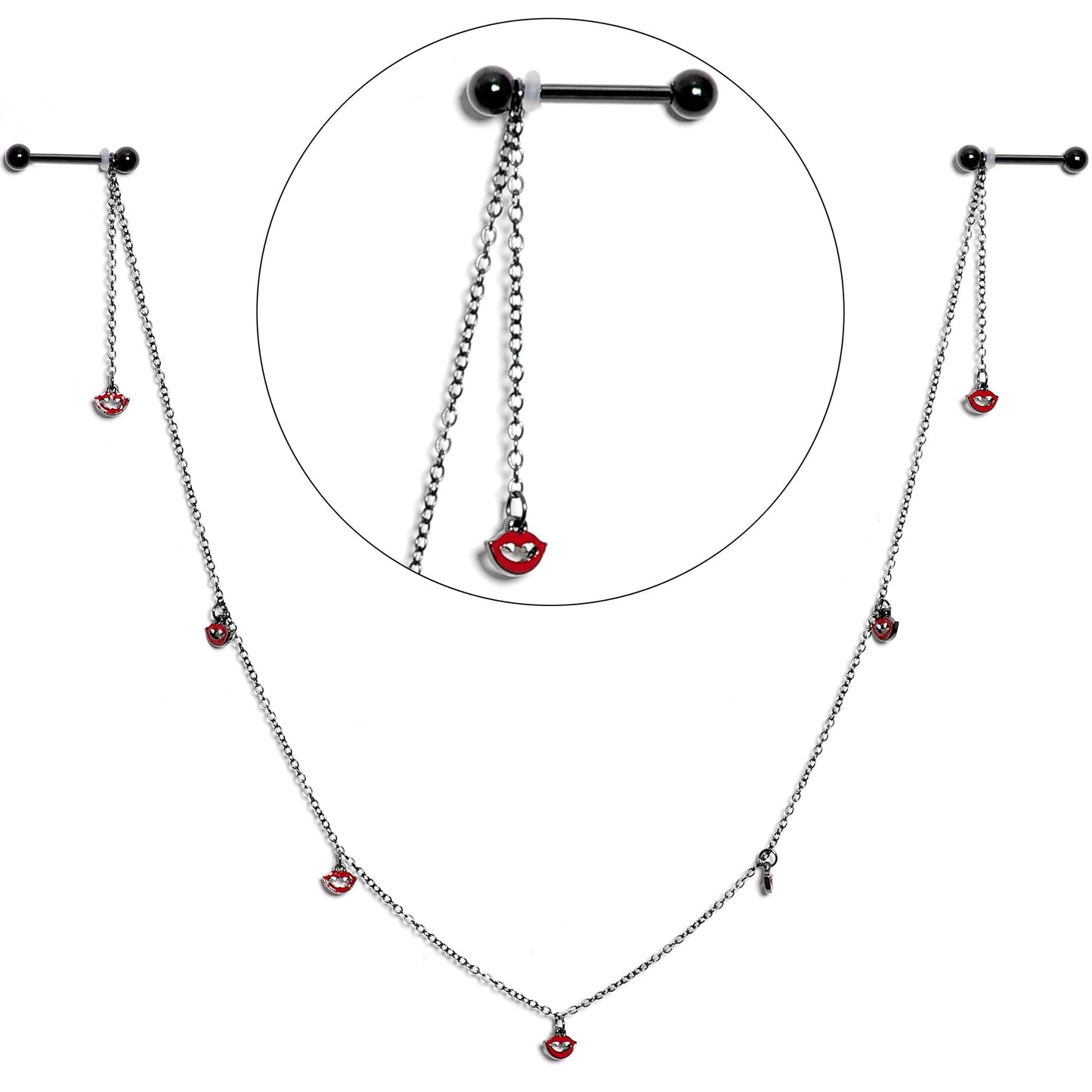 14G 5/8 Red Black Monster Fang Halloween Dangle Nipple Chain