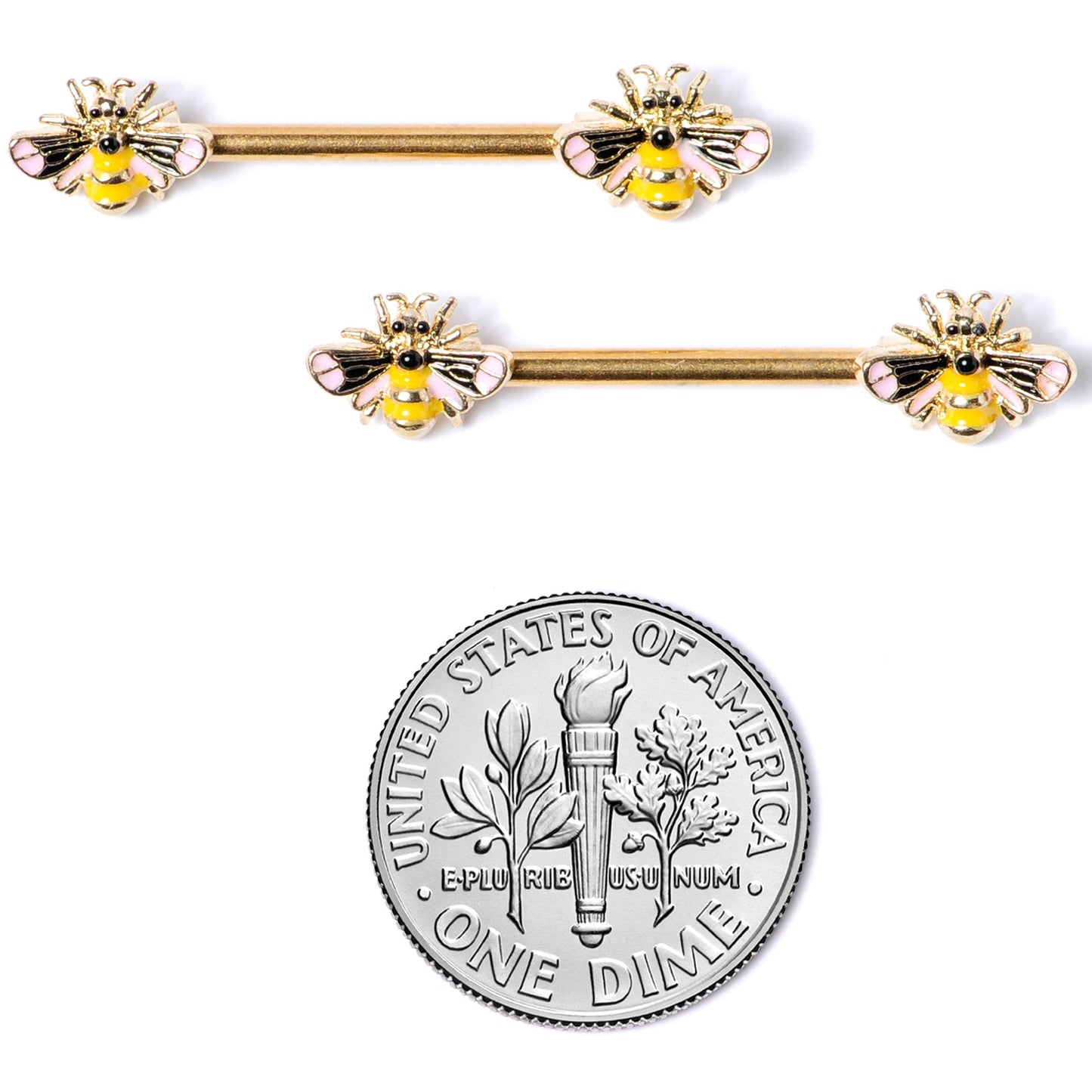14G 9/16 Gold Tone Yellow Pink Bee Barbell Nipple Ring Set