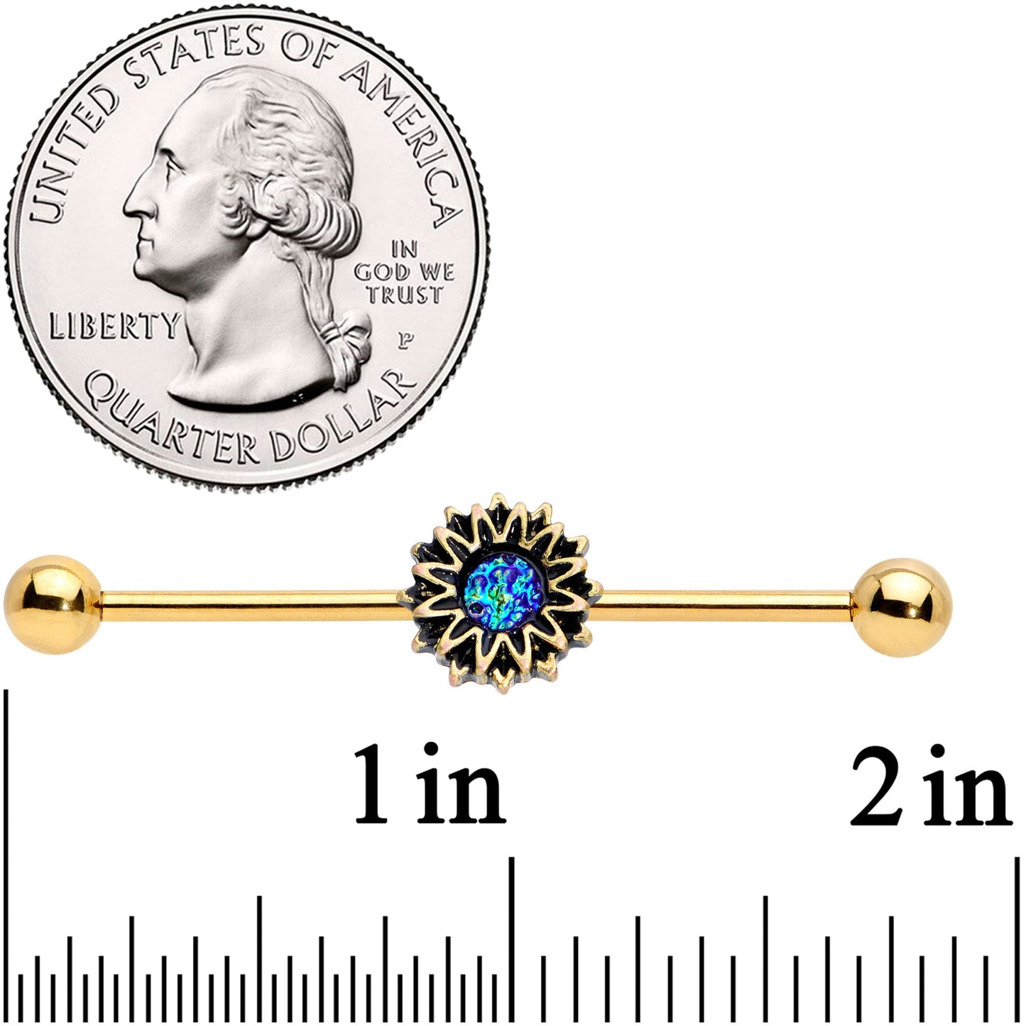 14G Aqua Gem Gold Tone Sunburst Flower Industrial Barbell 38mm