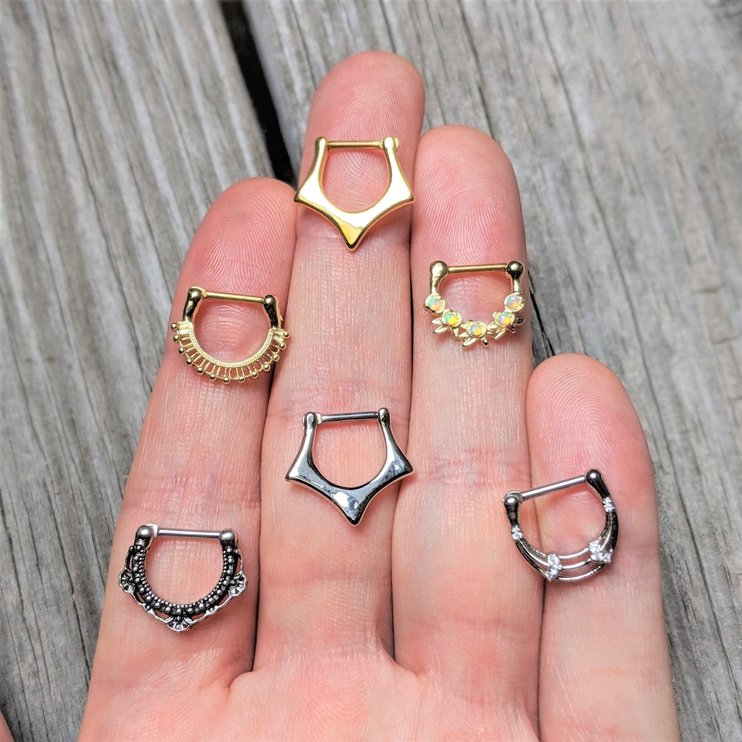 16G 5/16 White Synthetic Opal Gold Tone Flowers Septum Clicker