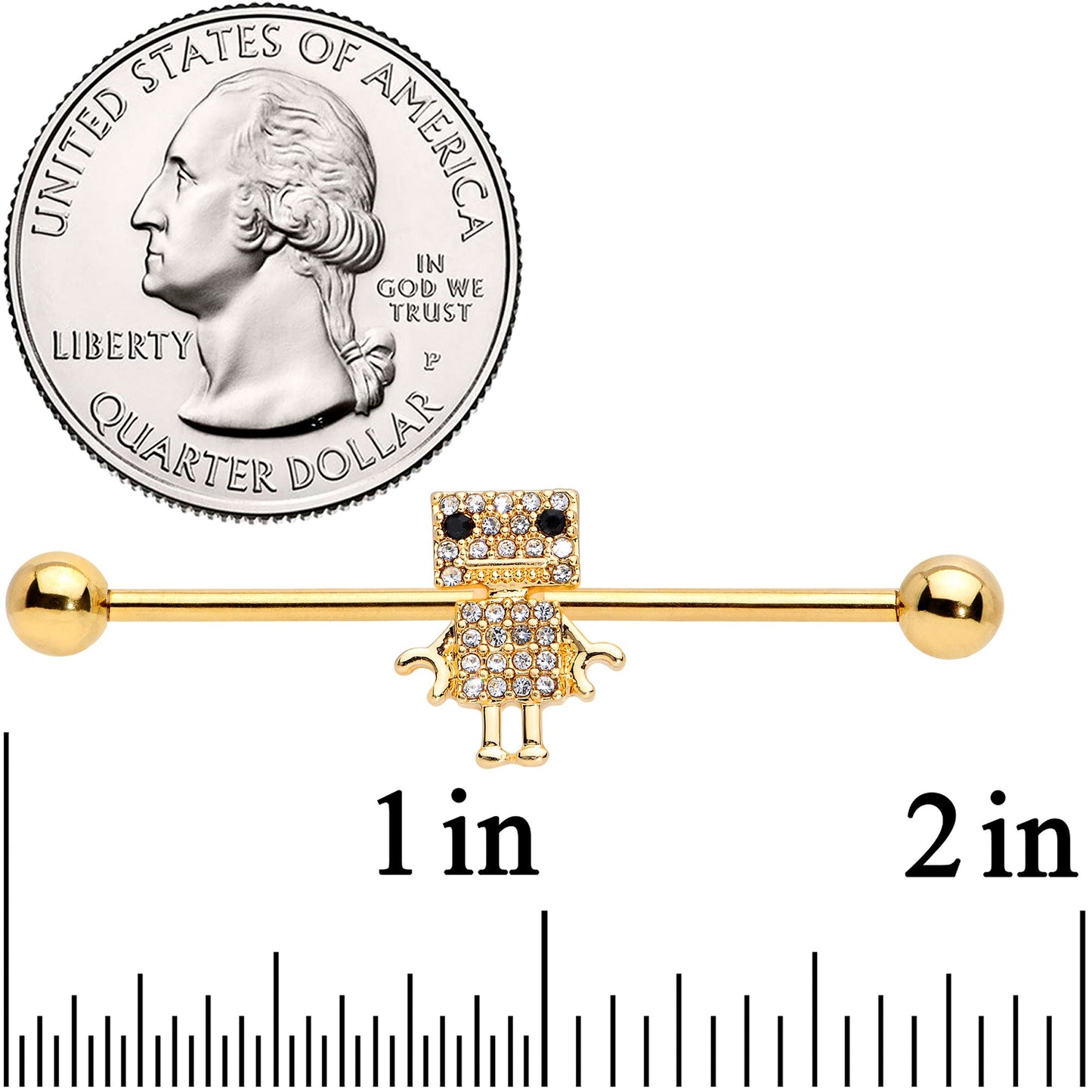 14G Clear Gem Gold Tone Ritzy Robot Industrial Barbell 38mm