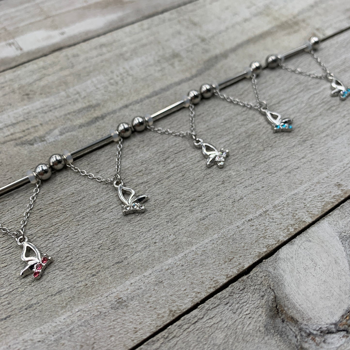 14G 5/8 Pink Gem Butterfly Dangle Nipple Ring Set
