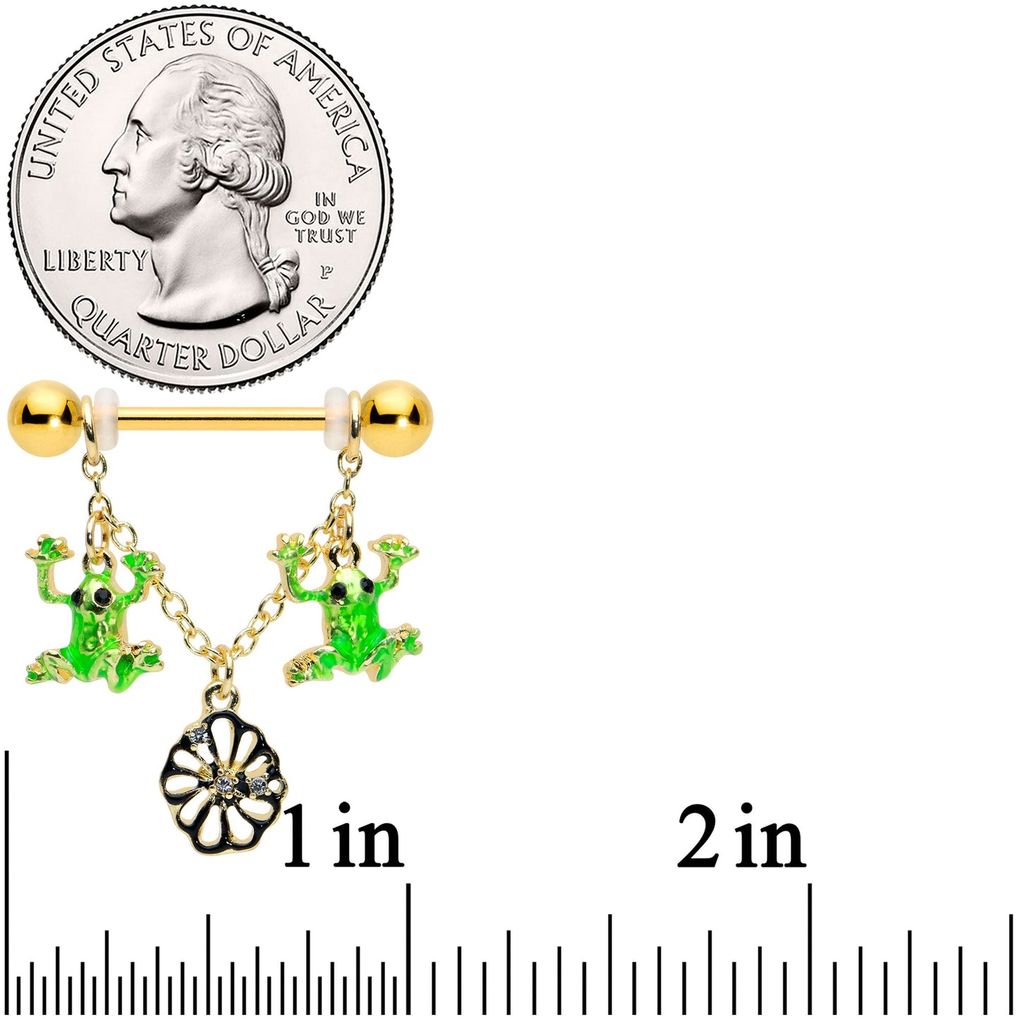 14G 5/8 Clear Gem Gold Tone Frog Flower Dangle Nipple Ring Set