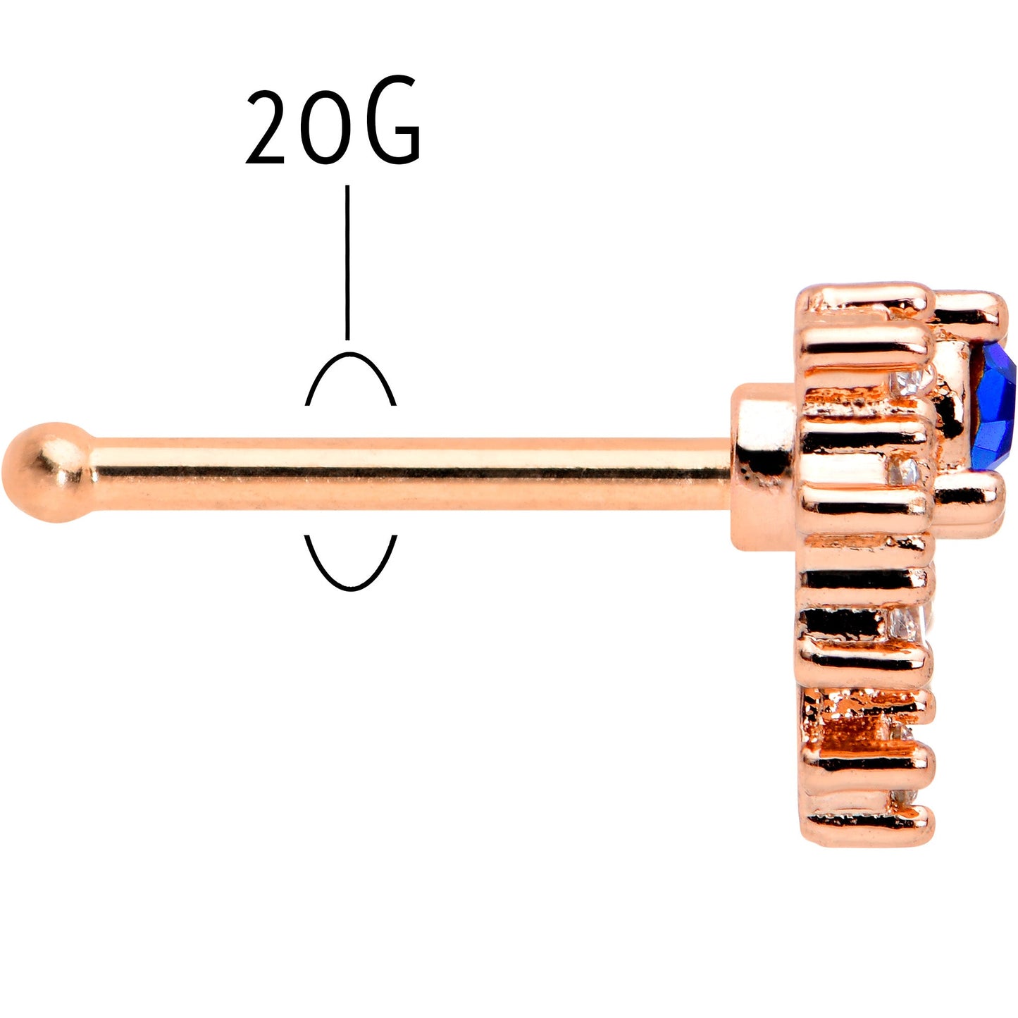 20G 1/4 Blue Clear Gem Rose Gold Tone Glamour Flare Nose Bone