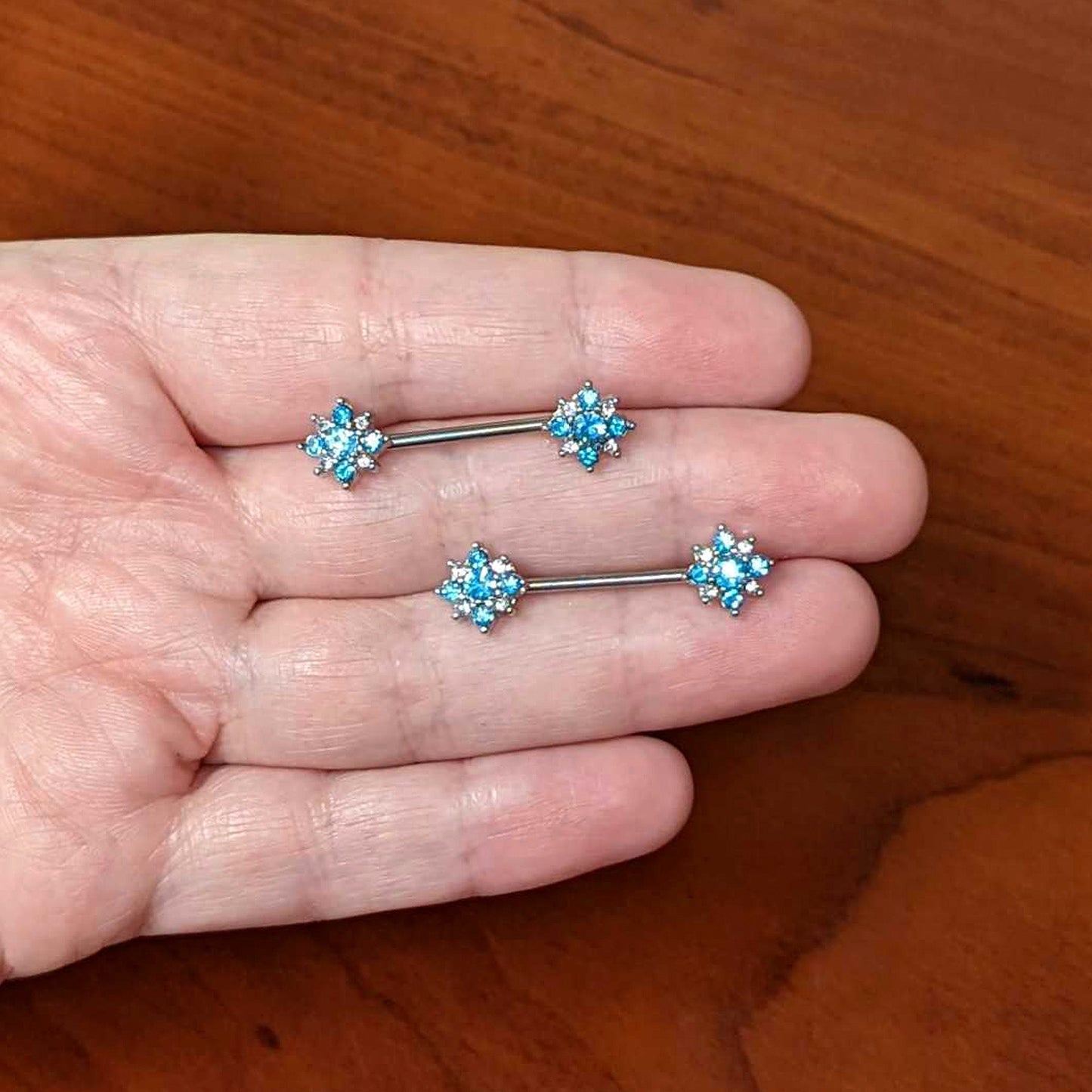 14G 9/16 Clear Blue Gem Opulent Flower Barbell Nipple Ring Set