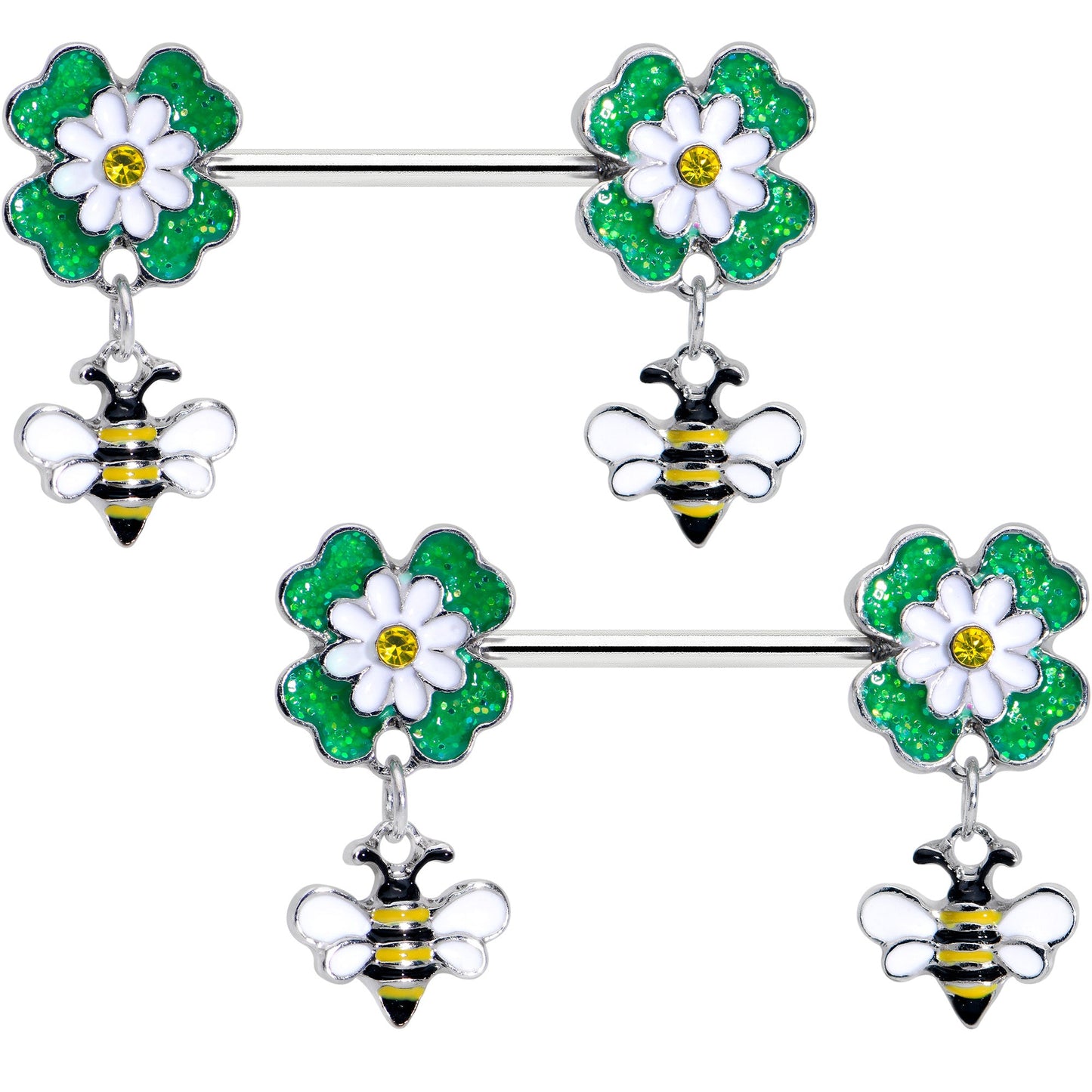 14G 9/16 Yellow Gem Daisy Bee Glittery Barbell Nipple Ring Set