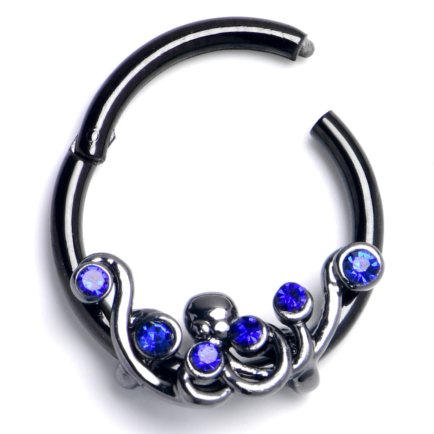 16G 3/8 Blue Gem Black Scrolling Elegance Hinged Segment Ring