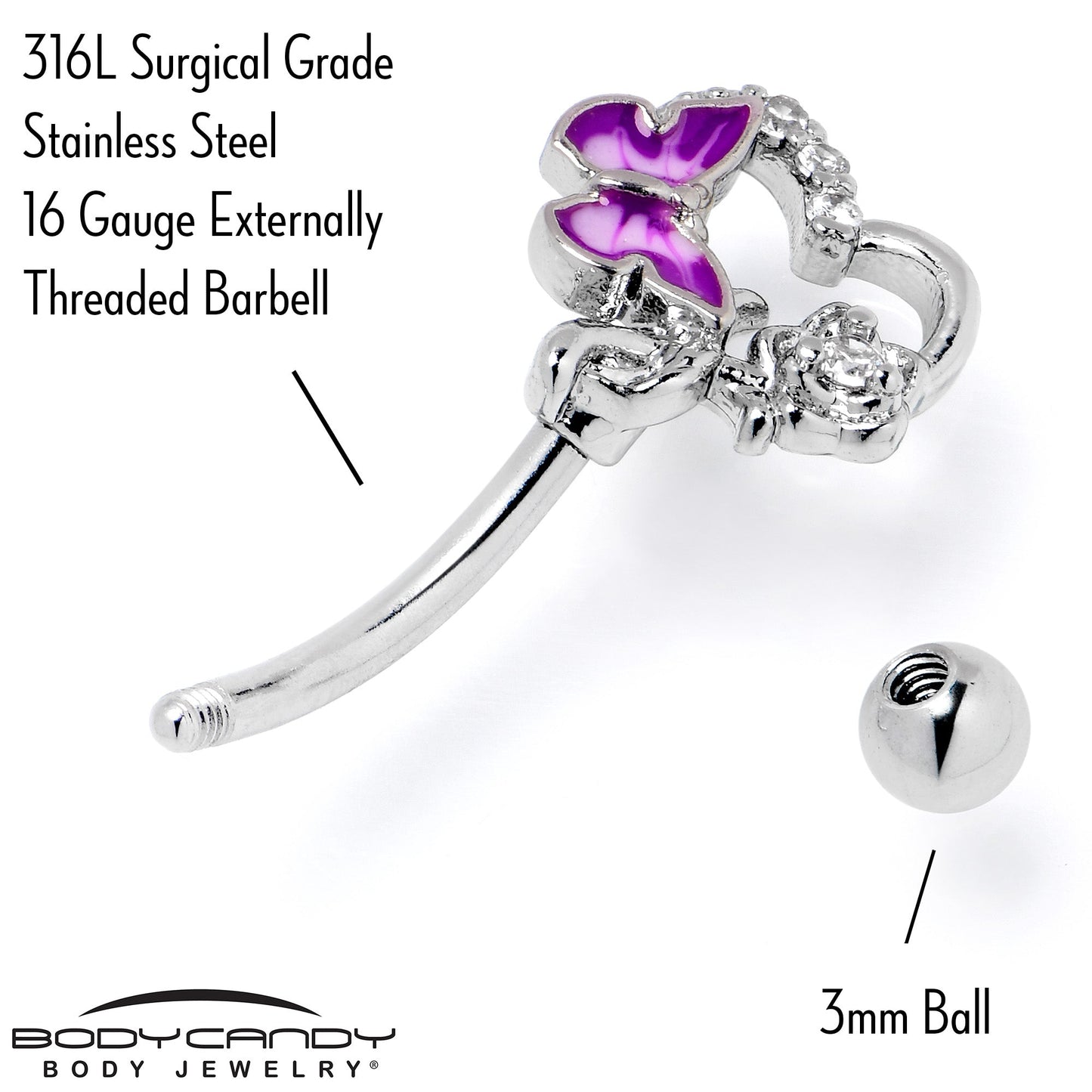 16G 5/16 Clear CZ Gem Butterfly Rose Purple Curved Eyebrow Ring