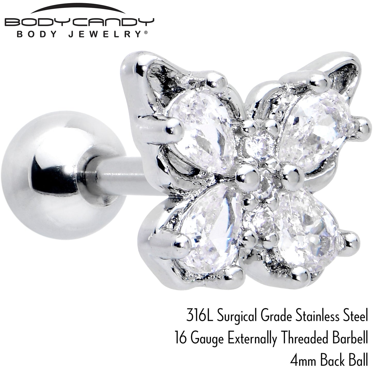 16G 1/4 Clear Gem Baroque Beauty Butterfly Cartilage Tragus Earring