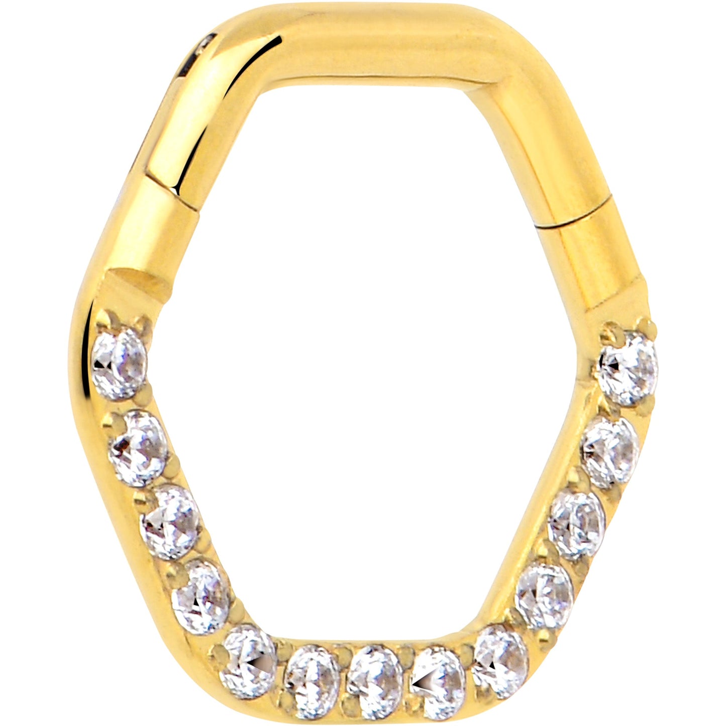 16G 5/16 Clear CZ Gem Gold Tone Hexagon Shape Hinged Segment Ring