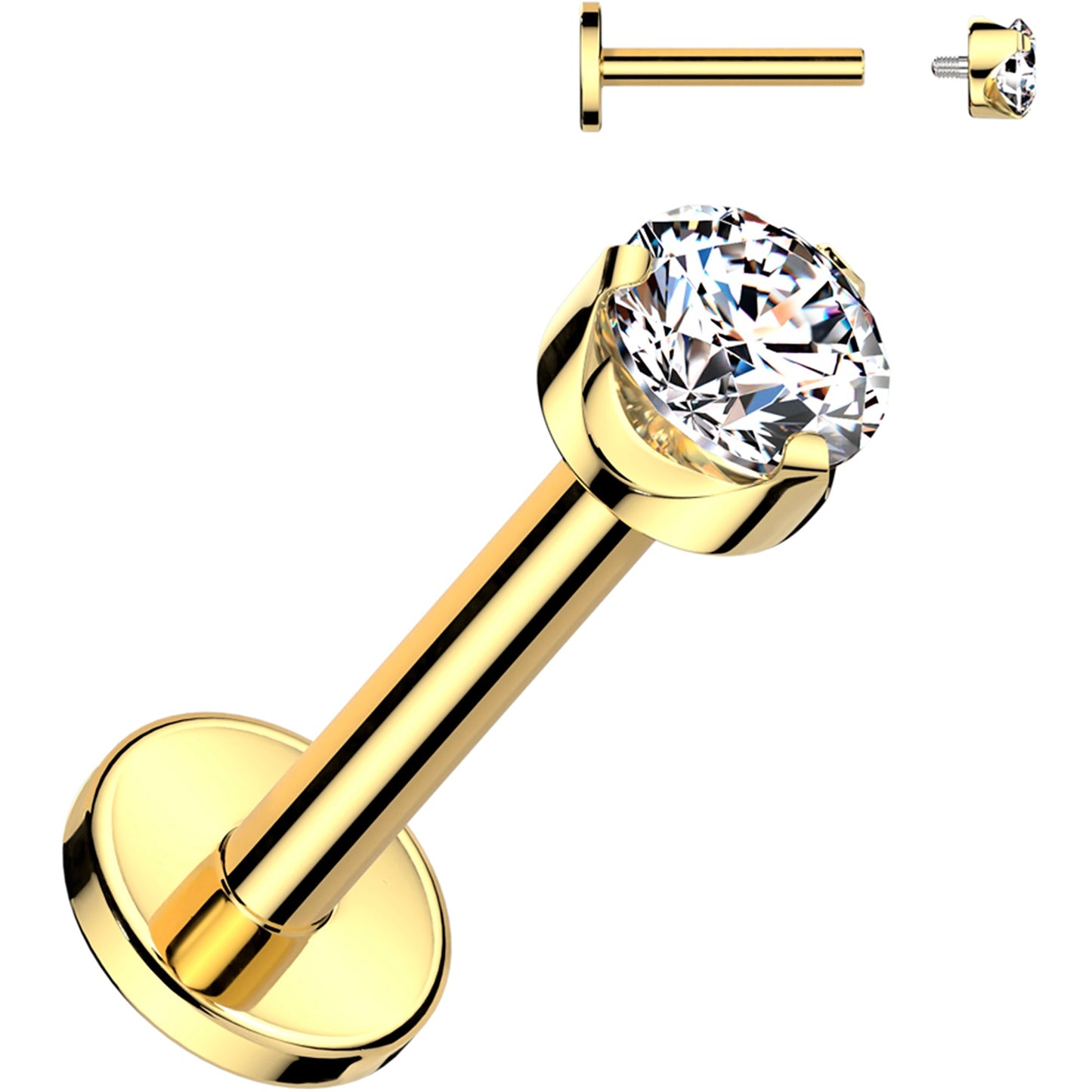 16G 5/16 4mm Clear CZ Round Gold PVD Medical Grade Titanium Flat Back Earring