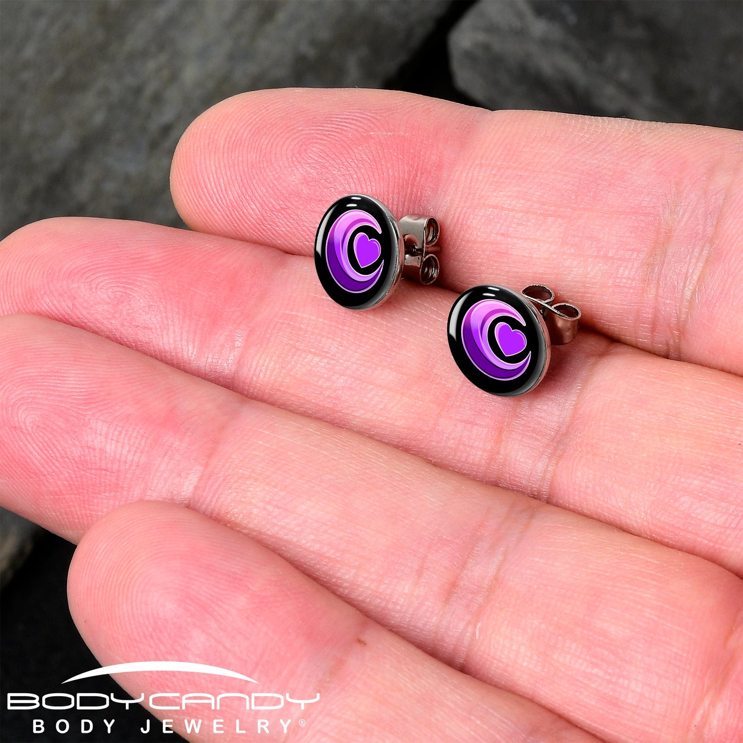 Crescent Moon Heart Stud Earrings by Onyx O