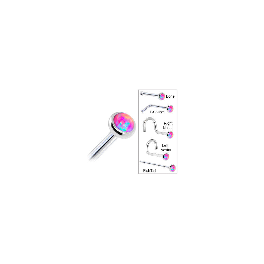 Solid 14K White Gold 2mm Fuchsia Synthetic Opal Nose Ring