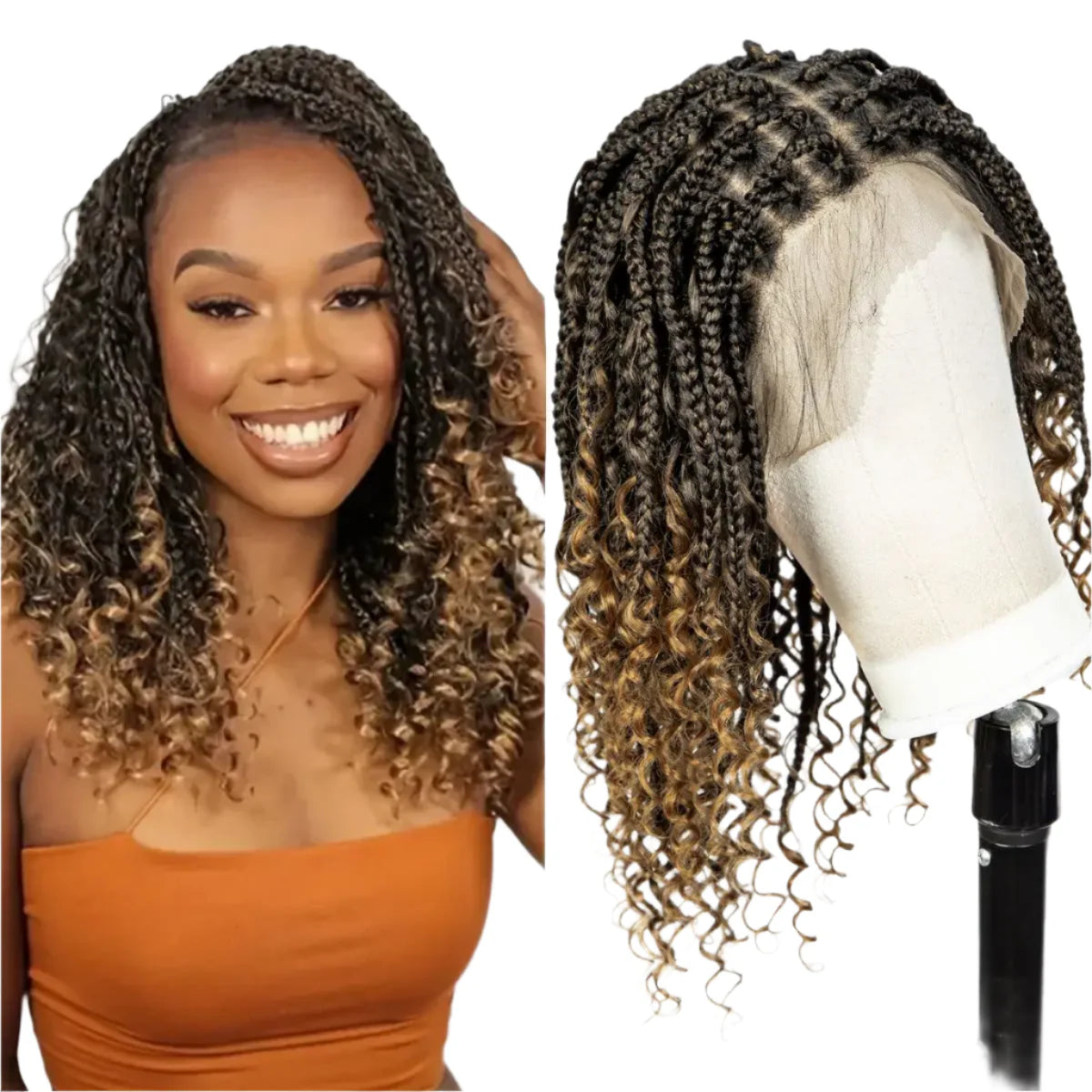 Ombre Boho Knotless Braids Bob Wig with Curly Ends | Full Lace