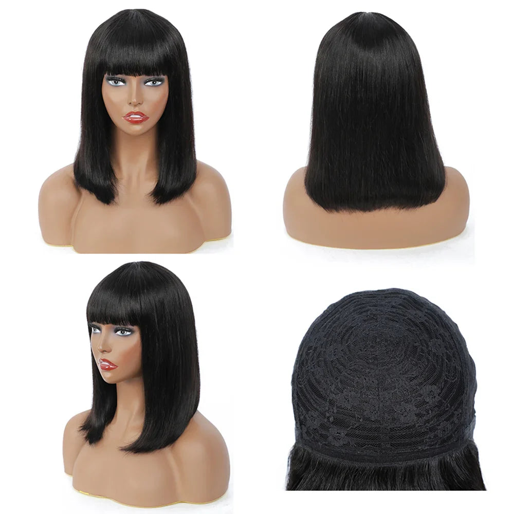 180% Density Straight Bob Wig with Bangs | Full Machine Made | Brazilian Virgin Hair | Natural Black