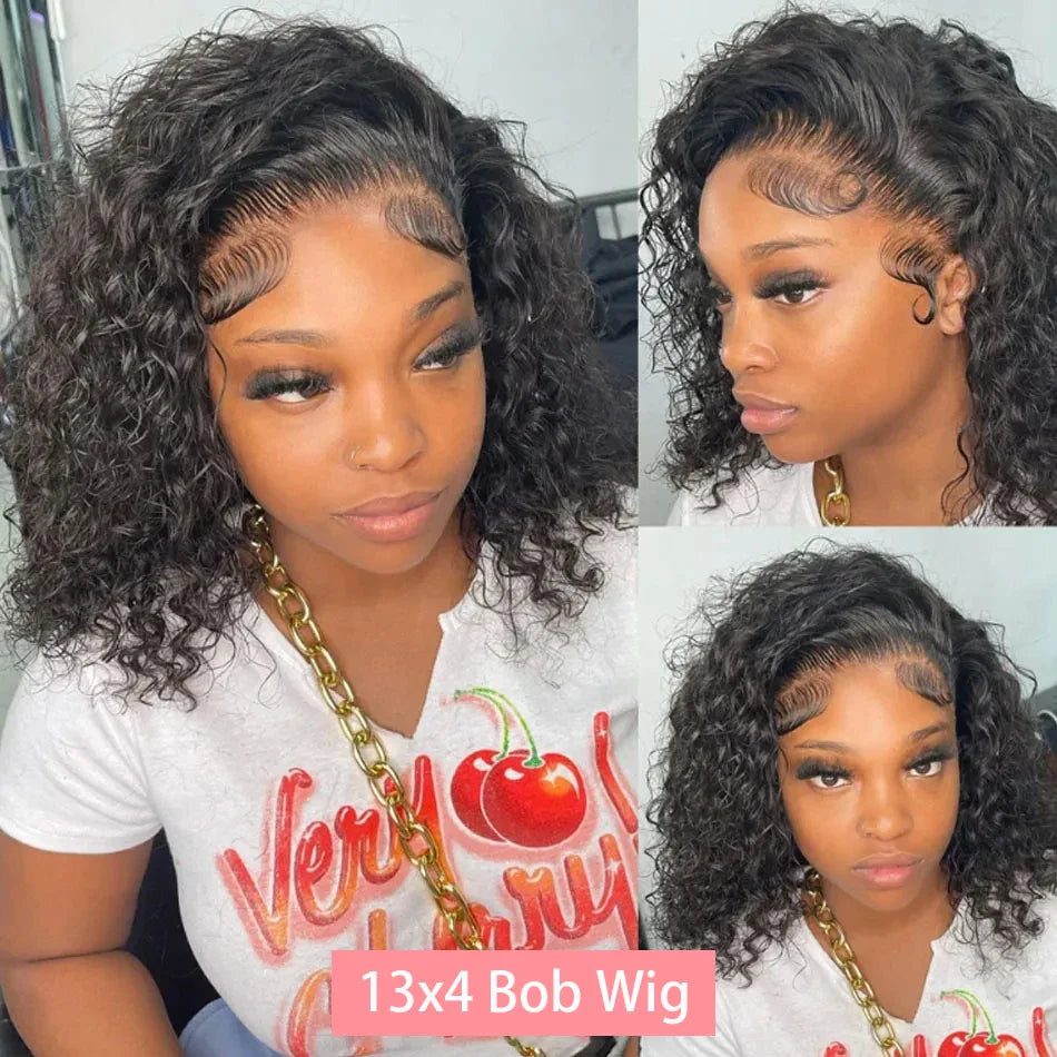 200% Density Short Curly Bob Wigs 13x4 Lace Front 4x4 Closure Deep Wave Brazilian Remy Human Hair 14 Inch
