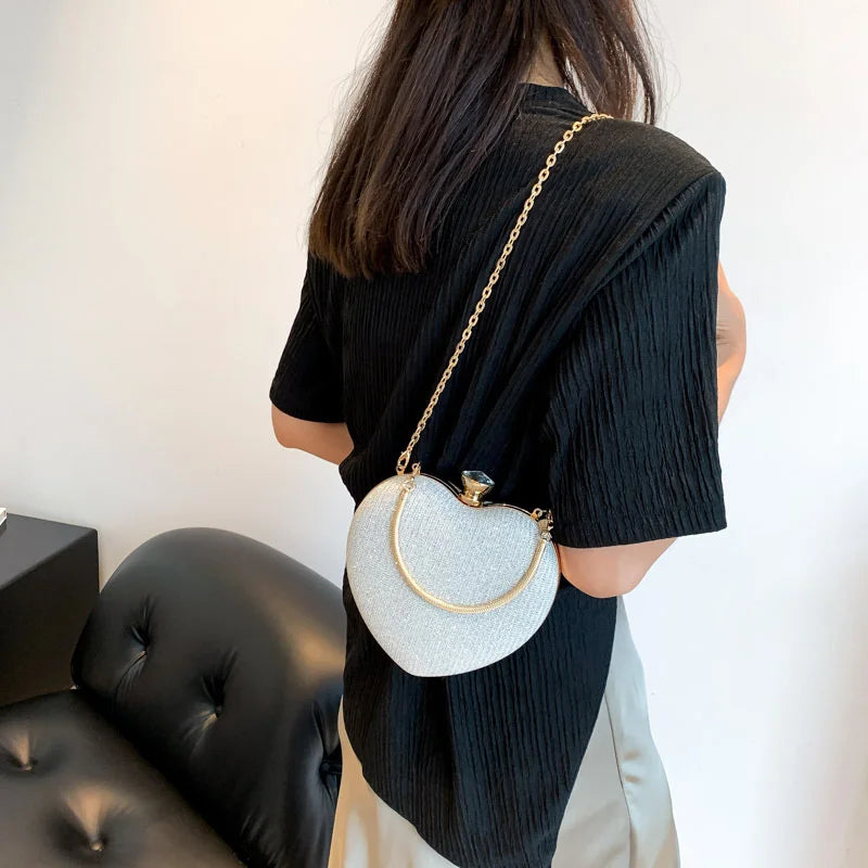 Shiny Heart Shape Metal Evening Clutch Bag for Women | Fashion Chain Shoulder Crossbody Bag (Luxury Lady Purse)