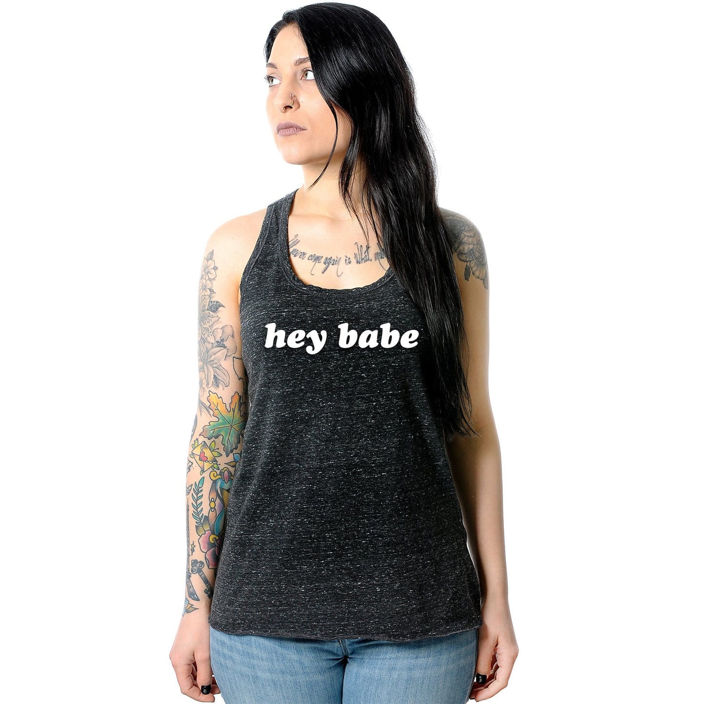 Hey Babe Black Gray Cosmic Twist Back Tank Top